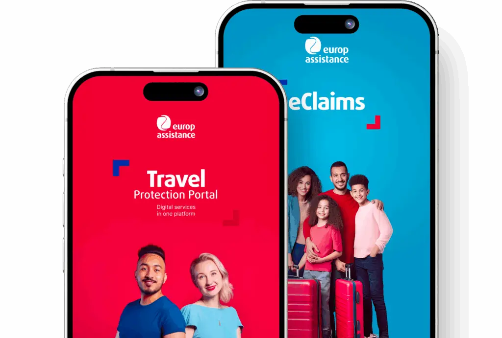 Two mobile screens displaying Europ Assistance portals: one for Travel Protection with red background and text 'Digital services in one platform', and another for eClaims with blue background, showing a group of people with luggage