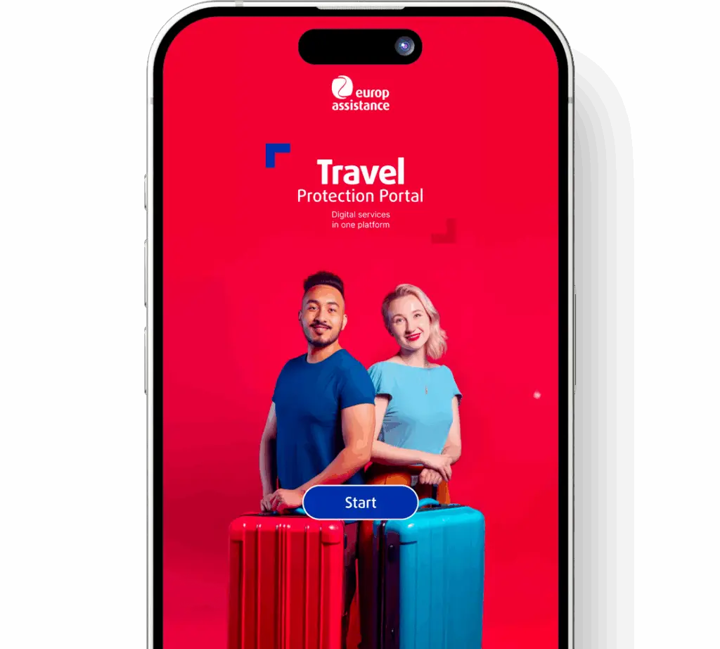 Mobile screen displaying Europ Assistance Travel Protection Portal with red background, two people standing next to large suitcases, and a blue 'Start' button