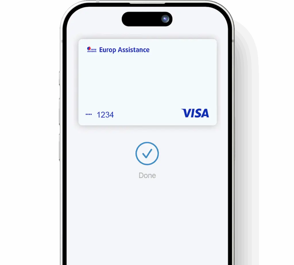 Smartphone screen showing a digital payment confirmation with a Europ Assistance Visa card and a checkmark labeled 'Done'