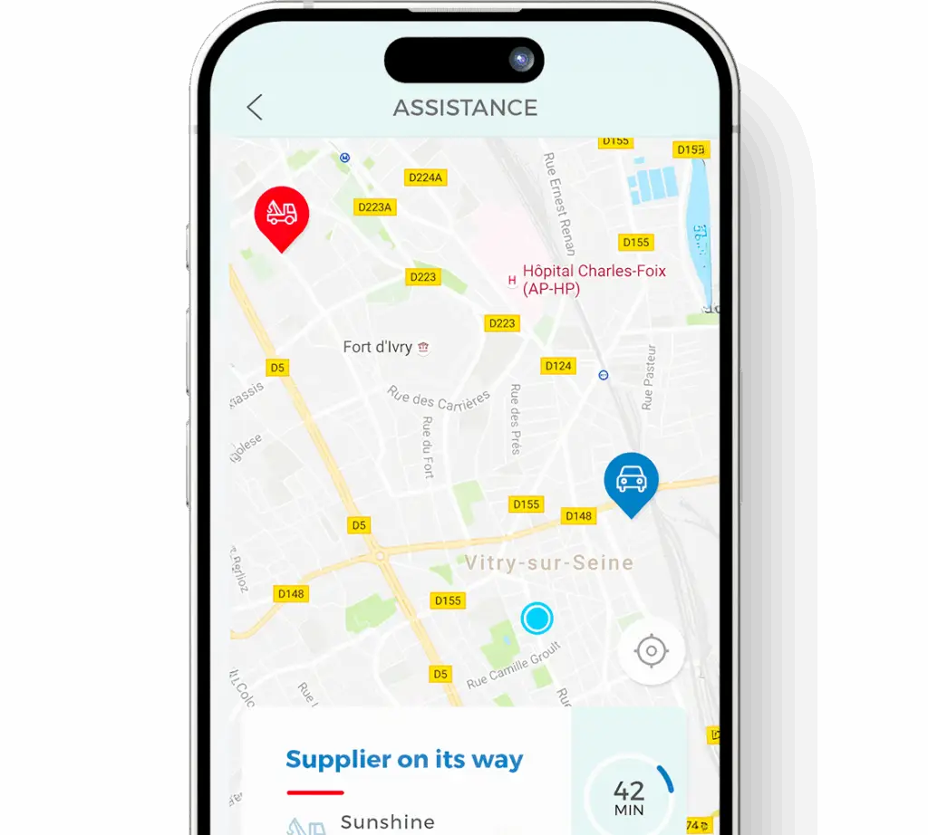 Smartphone screen showing a map with assistance details, including a red tow truck icon, a blue car icon, and a label indicating 'Supplier on its way' with an estimated arrival time of 42 minutes