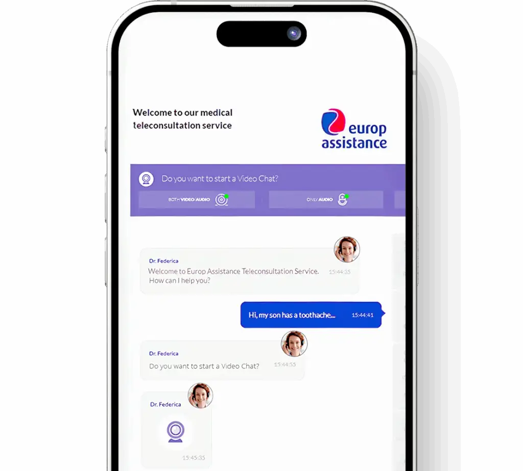 Smartphone screen showing Europ Assistance medical teleconsultation interface with chat messages and options for video or audio call
