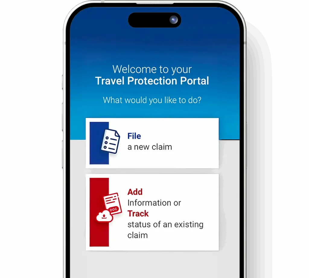 Smartphone screen displaying the Travel Protection Portal with two options: File a new claim and Add information or track status of an existing claim