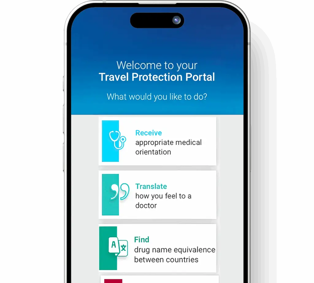 Smartphone screen displaying the Travel Protection Portal with options to receive medical orientation, translate symptoms for a doctor, and find drug name equivalence between countries