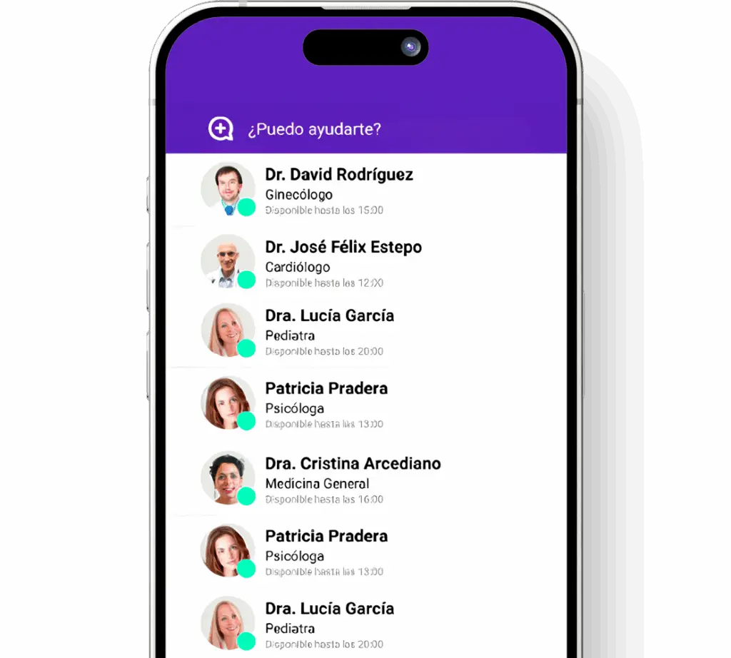 Smartphone screen showing a medical app interface with a list of available doctors and specialists, including gynecologist, cardiologist, pediatrician, psychologist, and general medicine, along with their availability times