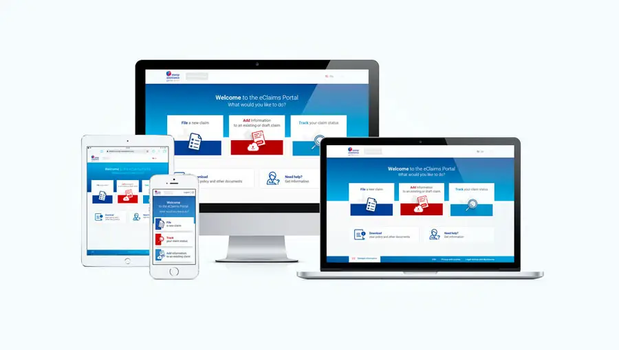 eClaims portal interface displayed on desktop, laptop, tablet, and smartphone screens, showing options to file a new claim, add information, and track claim status