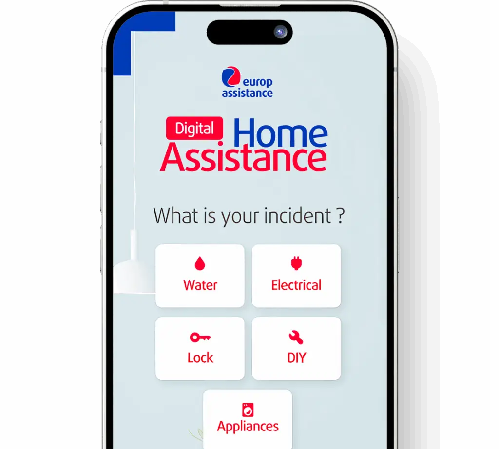 Mobile screen showing Europ Assistance Digital Home Assistance app with options for incident types: Water, Electrical, Lock, DIY, and Appliances