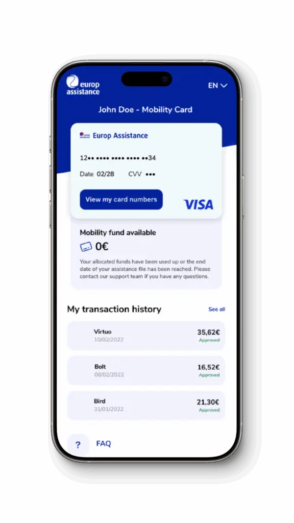 Smartphone screen displaying a Europ Assistance mobility card interface with card details, available funds, and a transaction history list